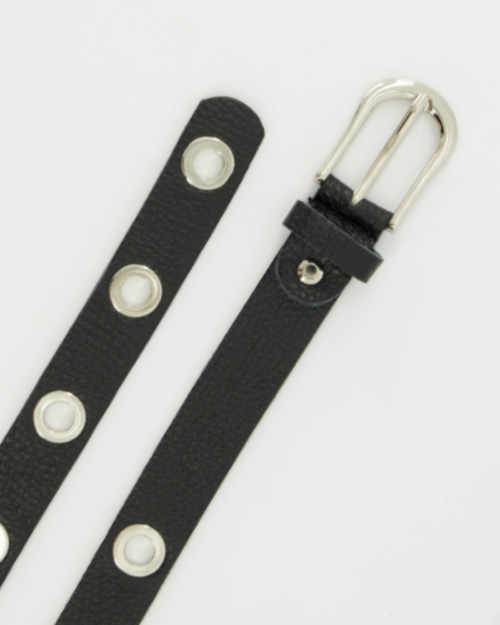Leather ringbelt zwart-zilver