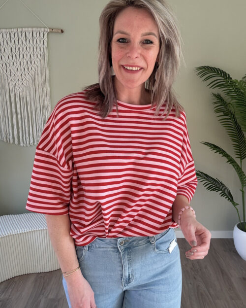 Tee gestreept roze-rood