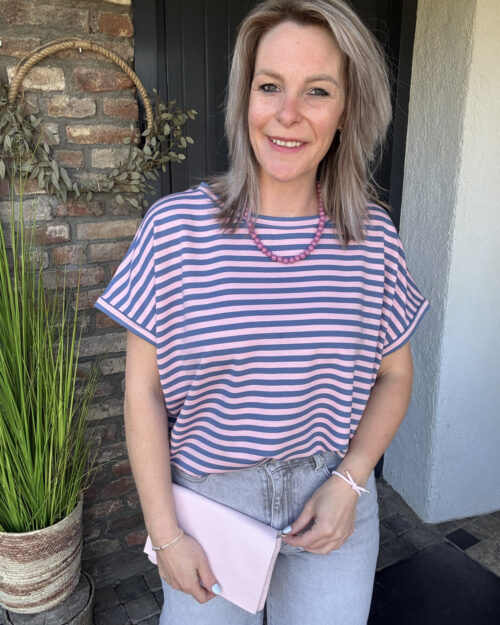 Tee gestreept blauw-roze