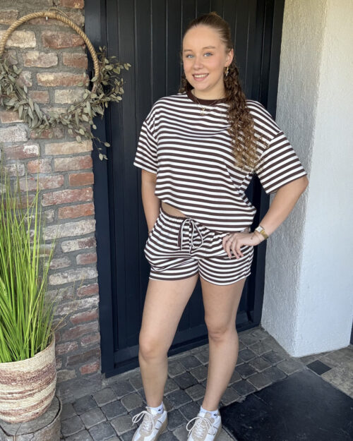 Short twinset strepen choco