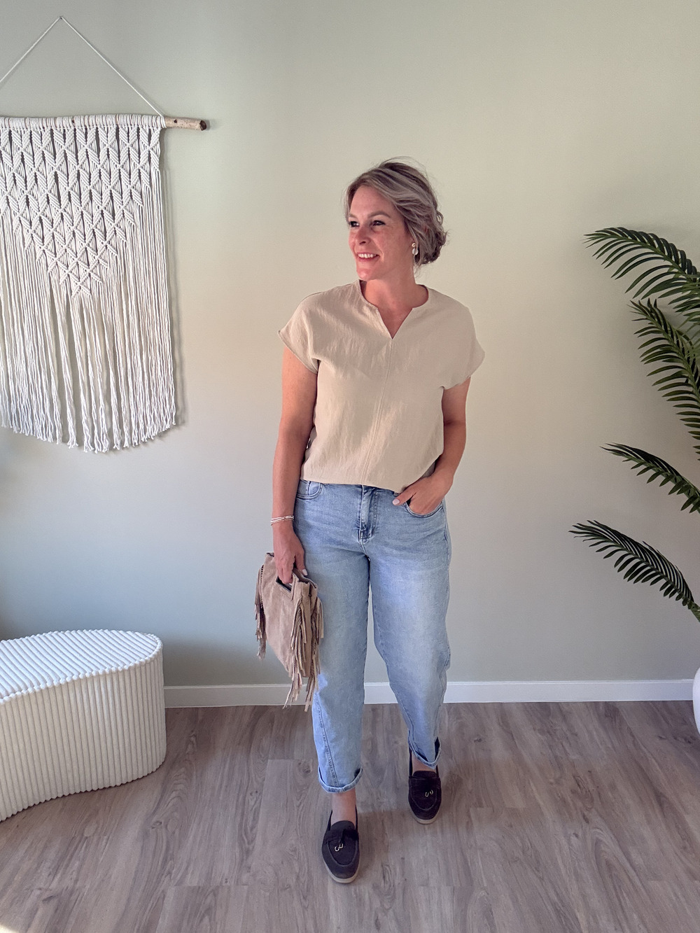 Effen v-blouse beige - Afbeelding 2