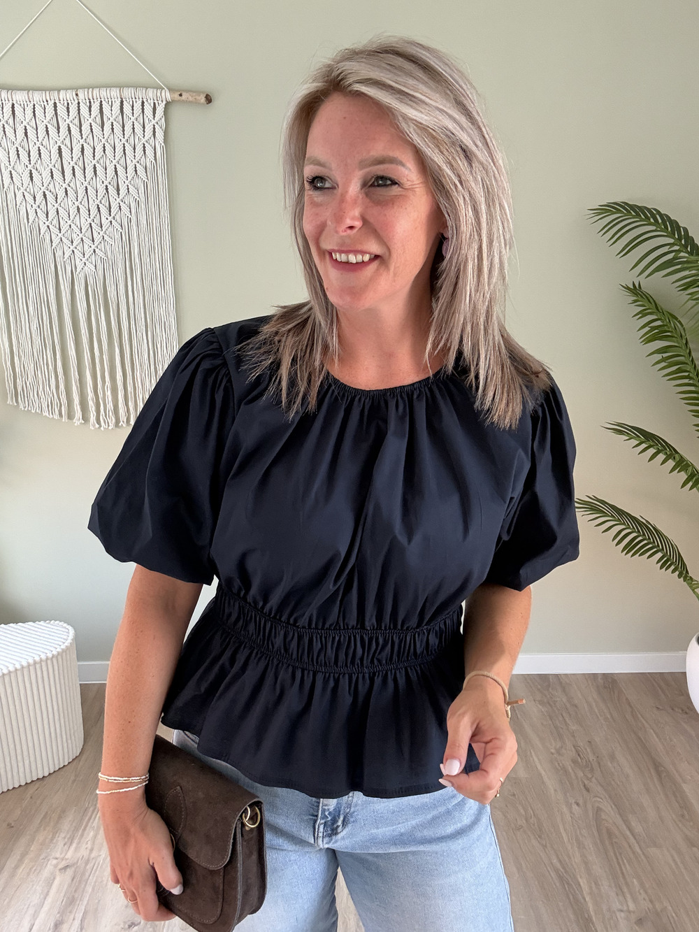Gesmokte blouse marine