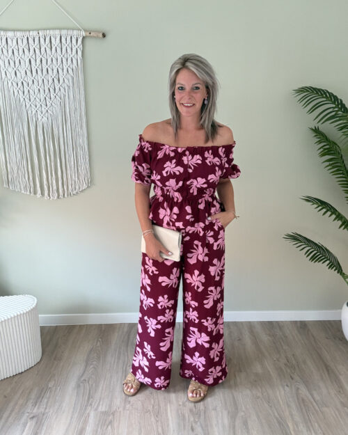 Off-shoulder set bordeaux-roze
