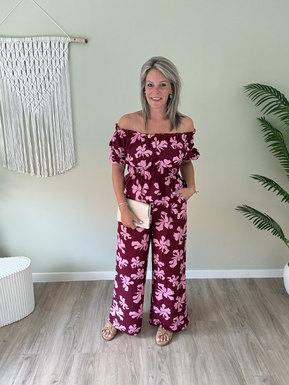 Off-shoulder set bordeaux-roze