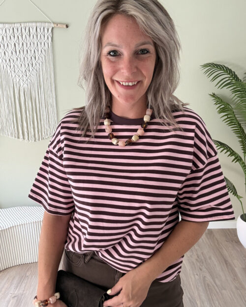 Tee gestreept roze-choco