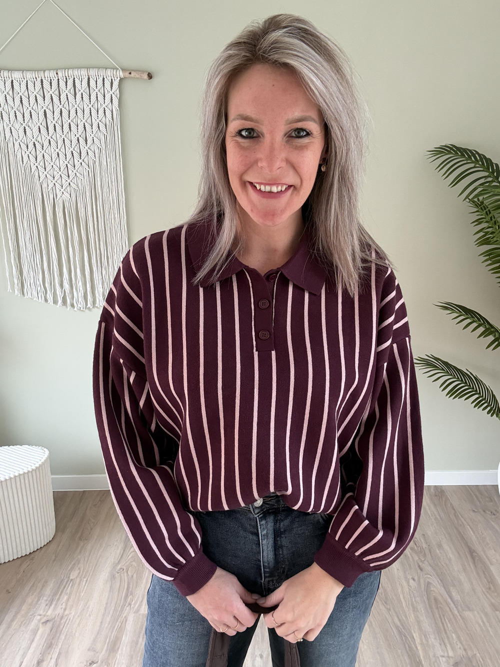Sweater stripes bordeaux-roze